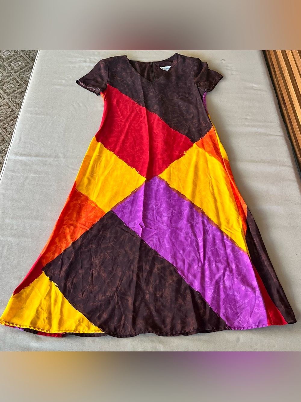 Vintage K.C. Spencer Colorblock A-Line Dress Brown Red Yellow Purple | Size 4